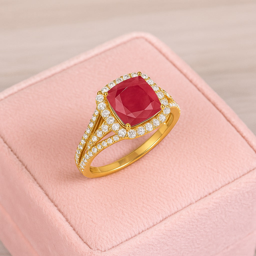 Ruby 2.90 Ct Cushion Double Halo Split Band Ring – 14k Yellow Gold