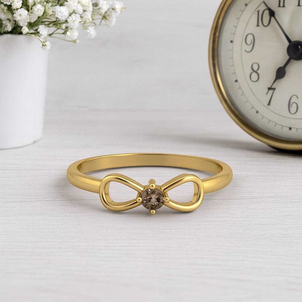 Smoky Quartz 0.10 Ct Round Bow Design Ring – 14K Yellow Gold