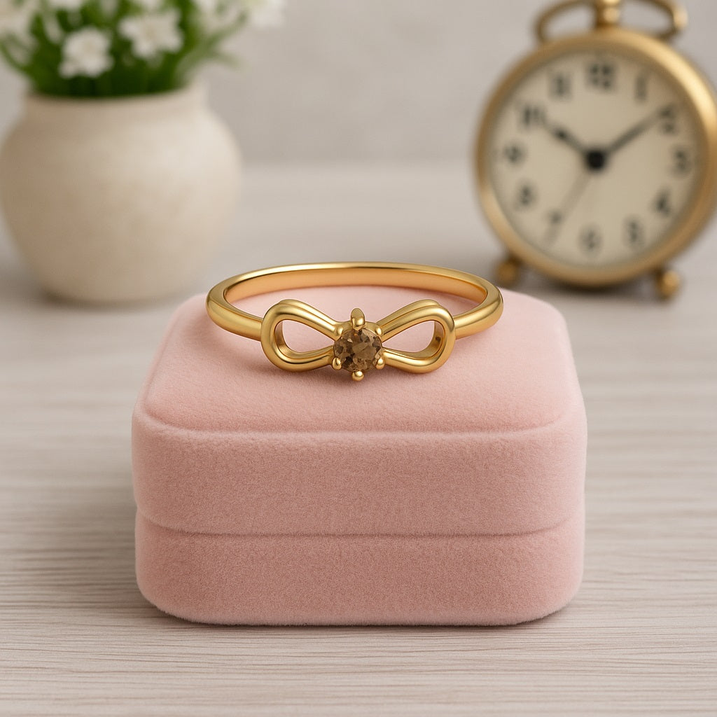 Smoky Quartz 0.10 Ct Round Bow Design Ring – 14K Yellow Gold