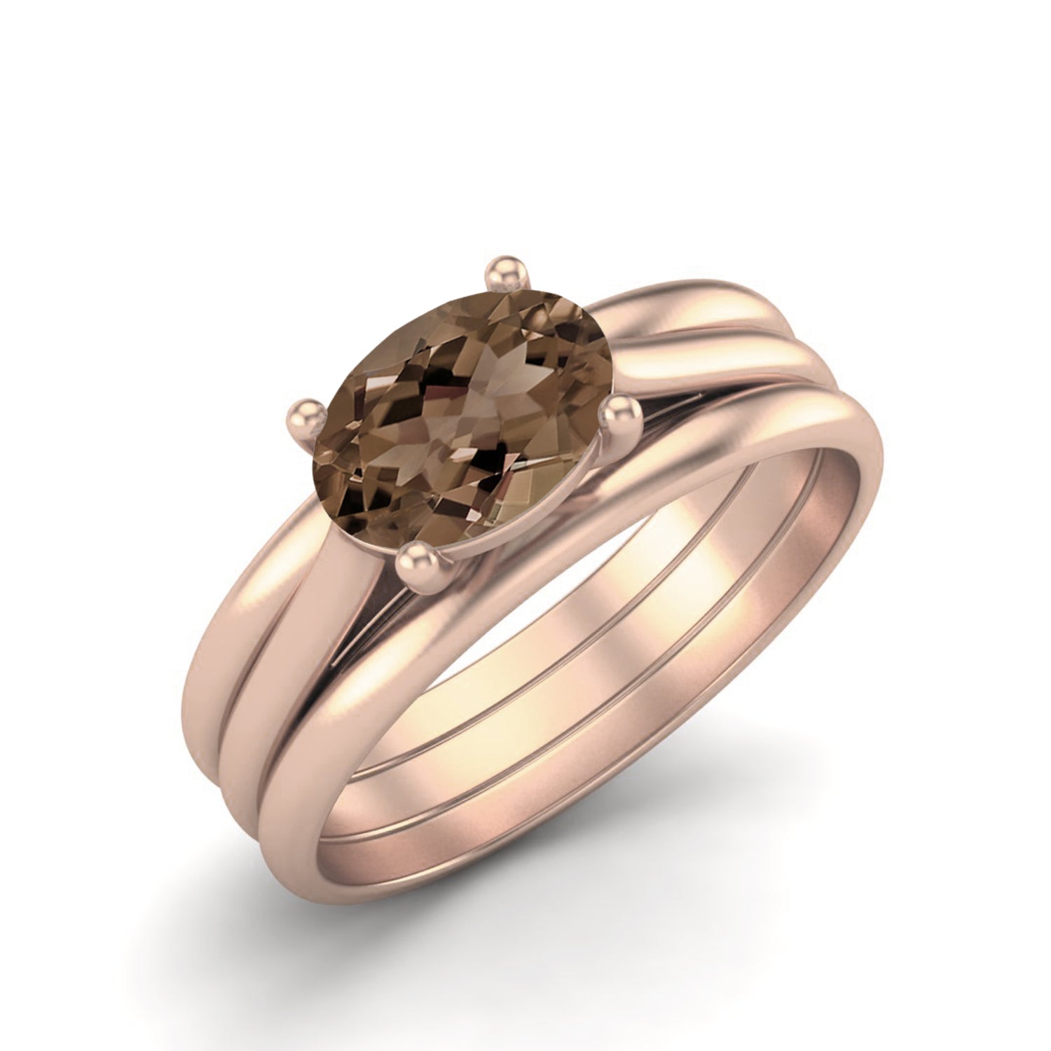 Smoky Quartz 1.00 Ct Oval Classic Solitaire Band Ring – 14K Yellow Gold