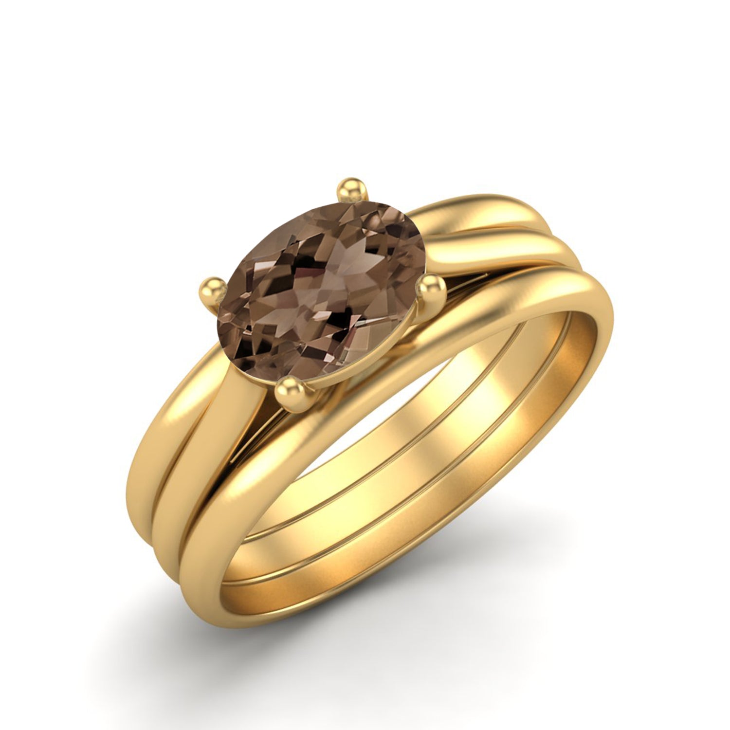 Smoky Quartz 1.00 Ct Oval Classic Solitaire Band Ring – 14K Yellow Gold