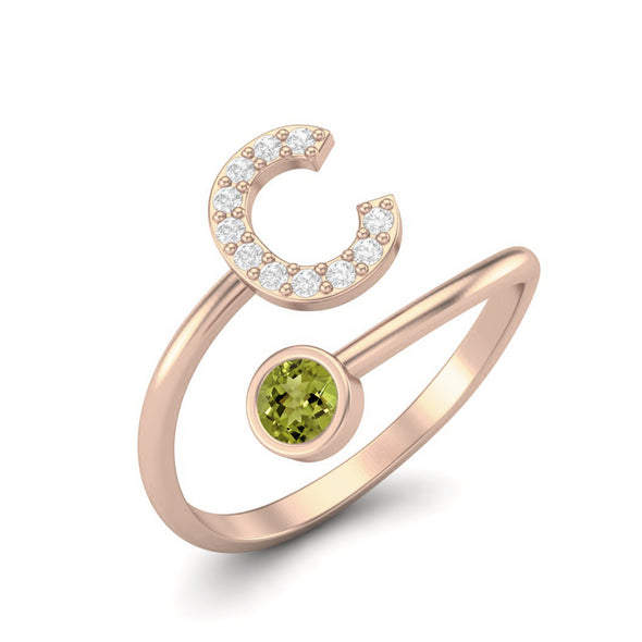 Capital C Initial Letter Peridot Wedding Ring Adjustable Front Open Ring 925 Sterling Silver Ring