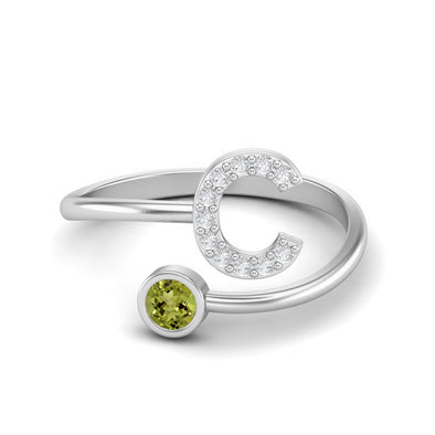 Capital C Initial Letter Peridot Wedding Ring Adjustable Front Open Ring 925 Sterling Silver Ring
