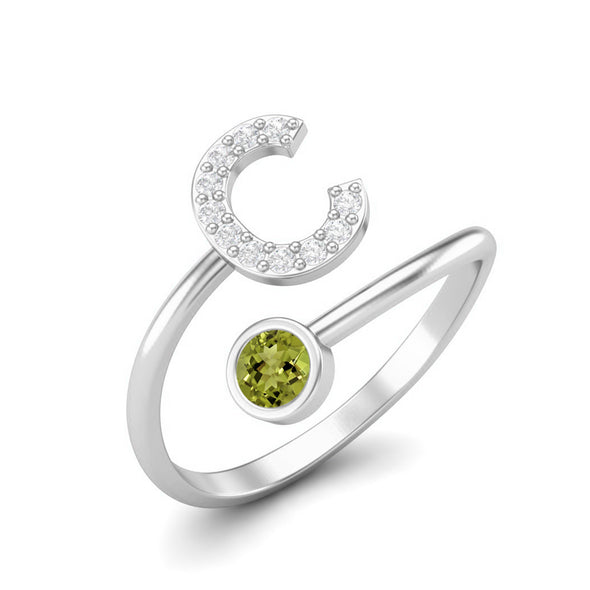 Capital C Initial Letter Peridot Wedding Ring Adjustable Front Open Ring 925 Sterling Silver Ring