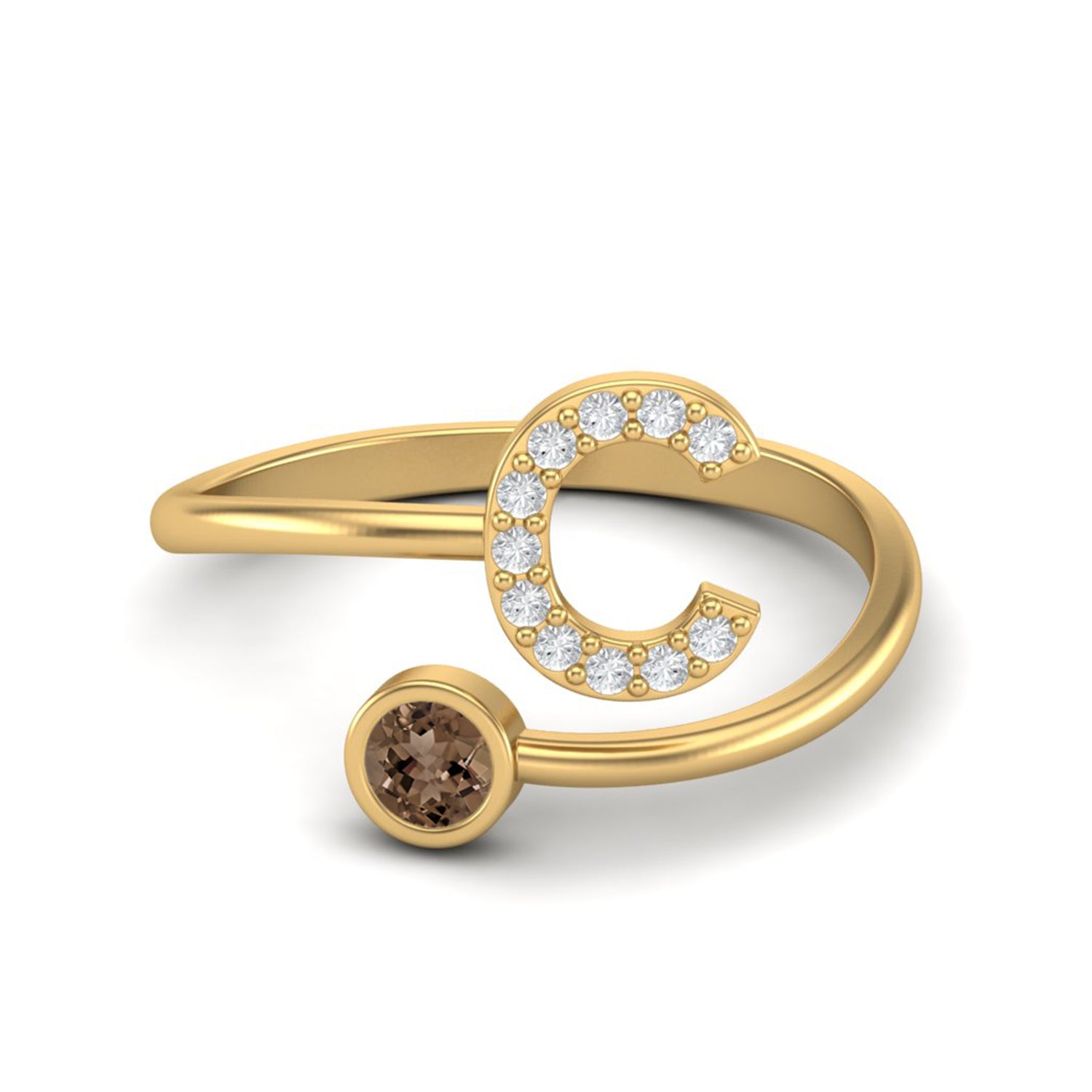 Smoky Quartz 0.10 Ct Round Letter C Initial Ring – 14K Yellow Gold