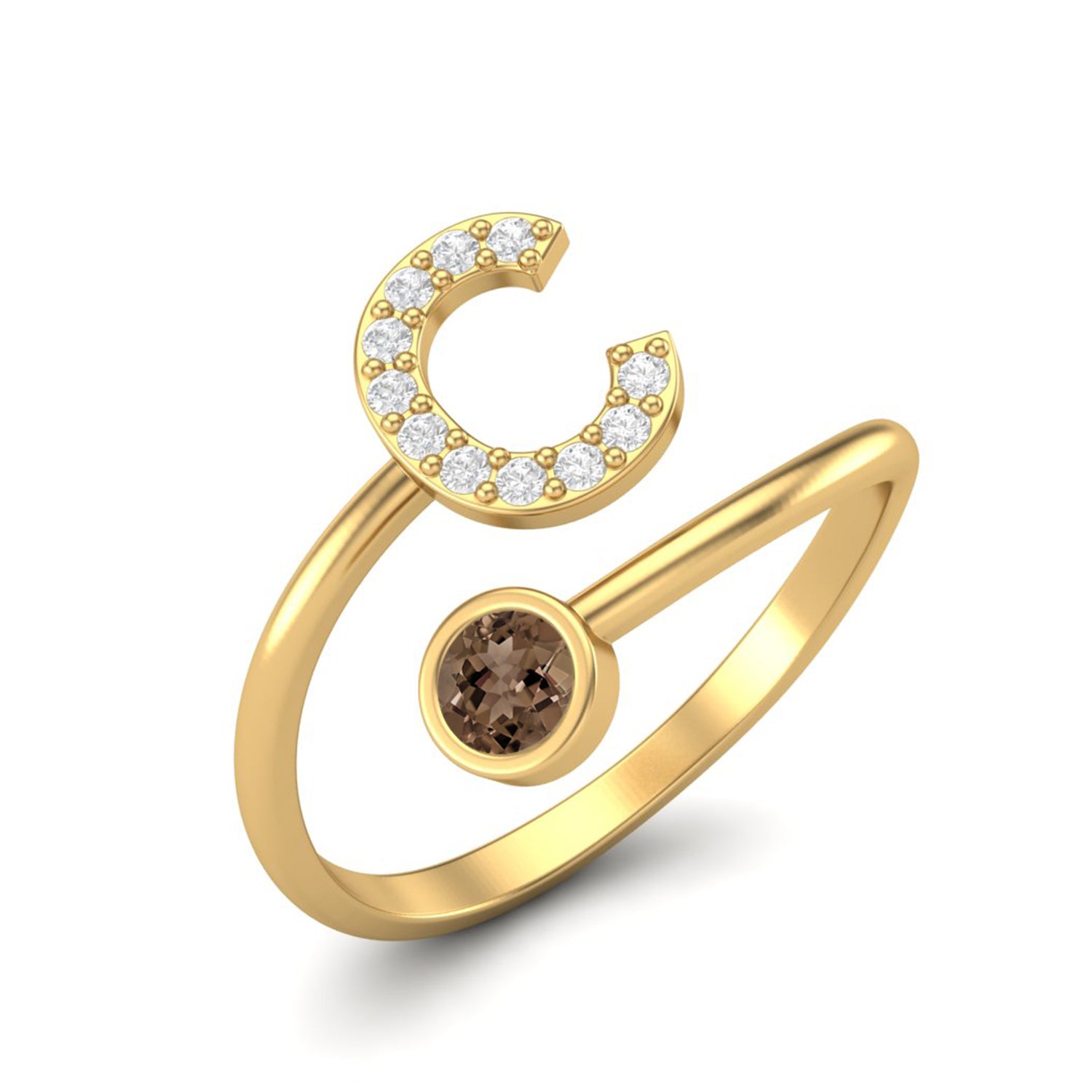 Smoky Quartz 0.10 Ct Round Letter C Initial Ring – 14K Yellow Gold