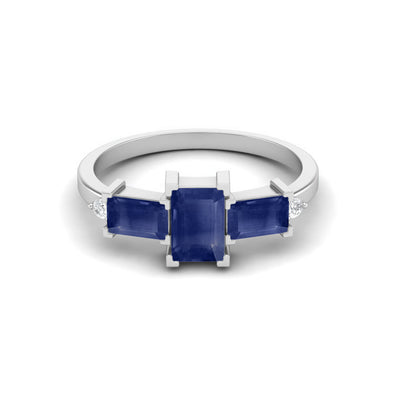 6X4MM Octagon Shape Blue Sapphire Gemstone 925 Sterling Silver Three Stone Wedding Ring