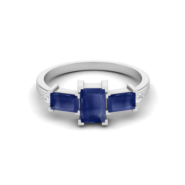 6X4MM Octagon Shape Blue Sapphire Gemstone 925 Sterling Silver Three Stone Wedding Ring