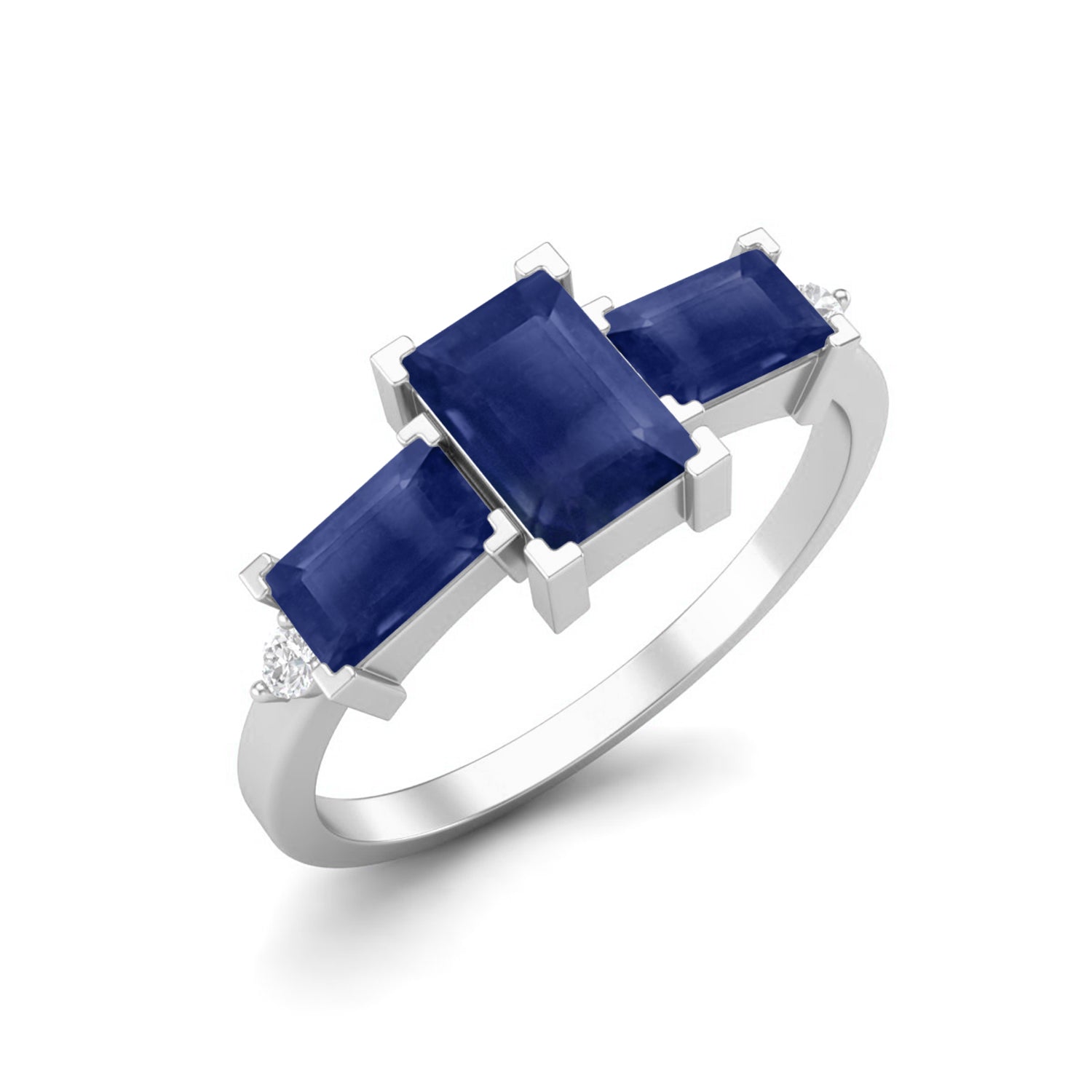 6X4MM Octagon Shape Blue Sapphire Gemstone 925 Sterling Silver Three Stone Wedding Ring