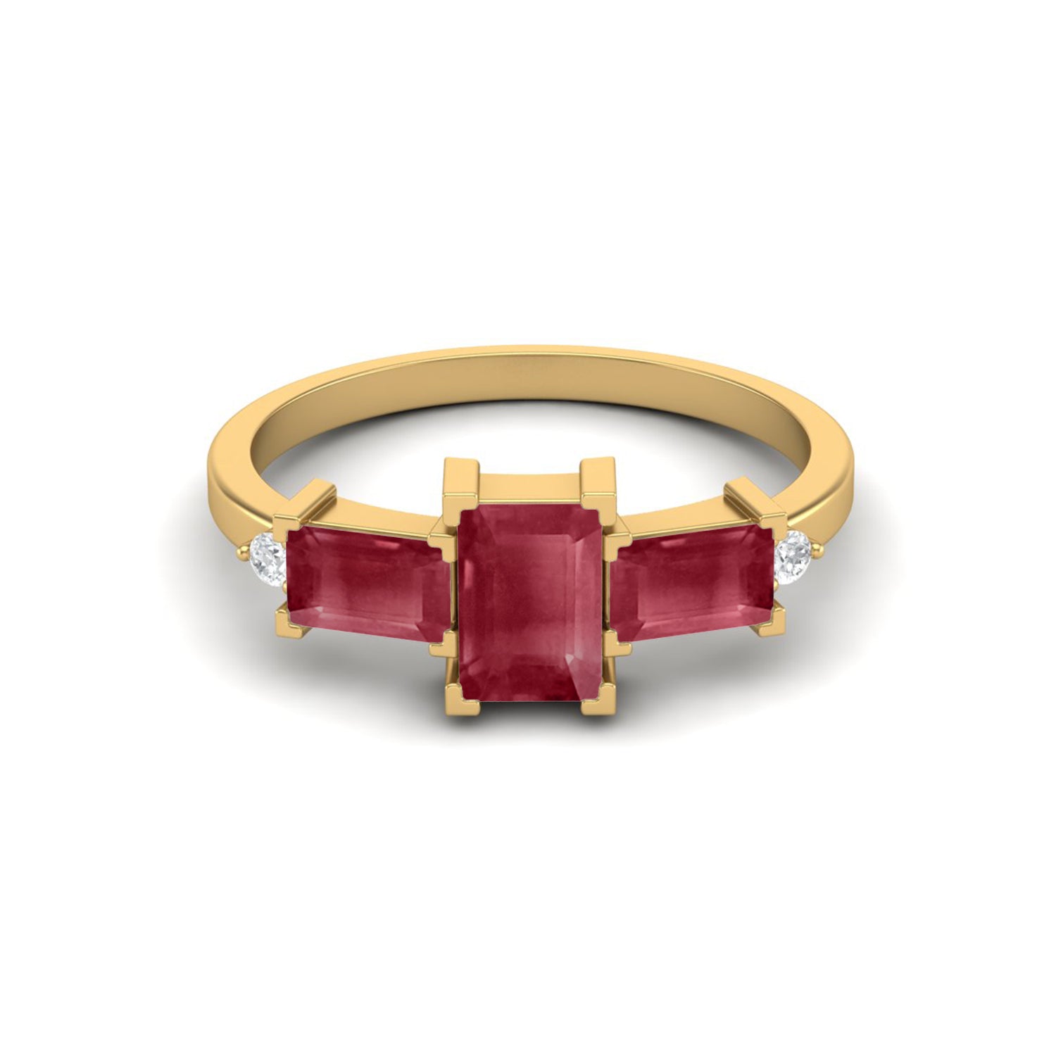 Ruby 2.10 Ct Octagon Three Stone Ring  – 14k Yellow Gold