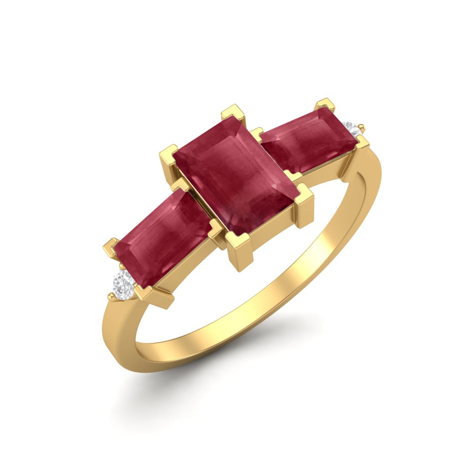 Ruby 2.10 Ct Octagon Three Stone Ring  – 14k Yellow Gold