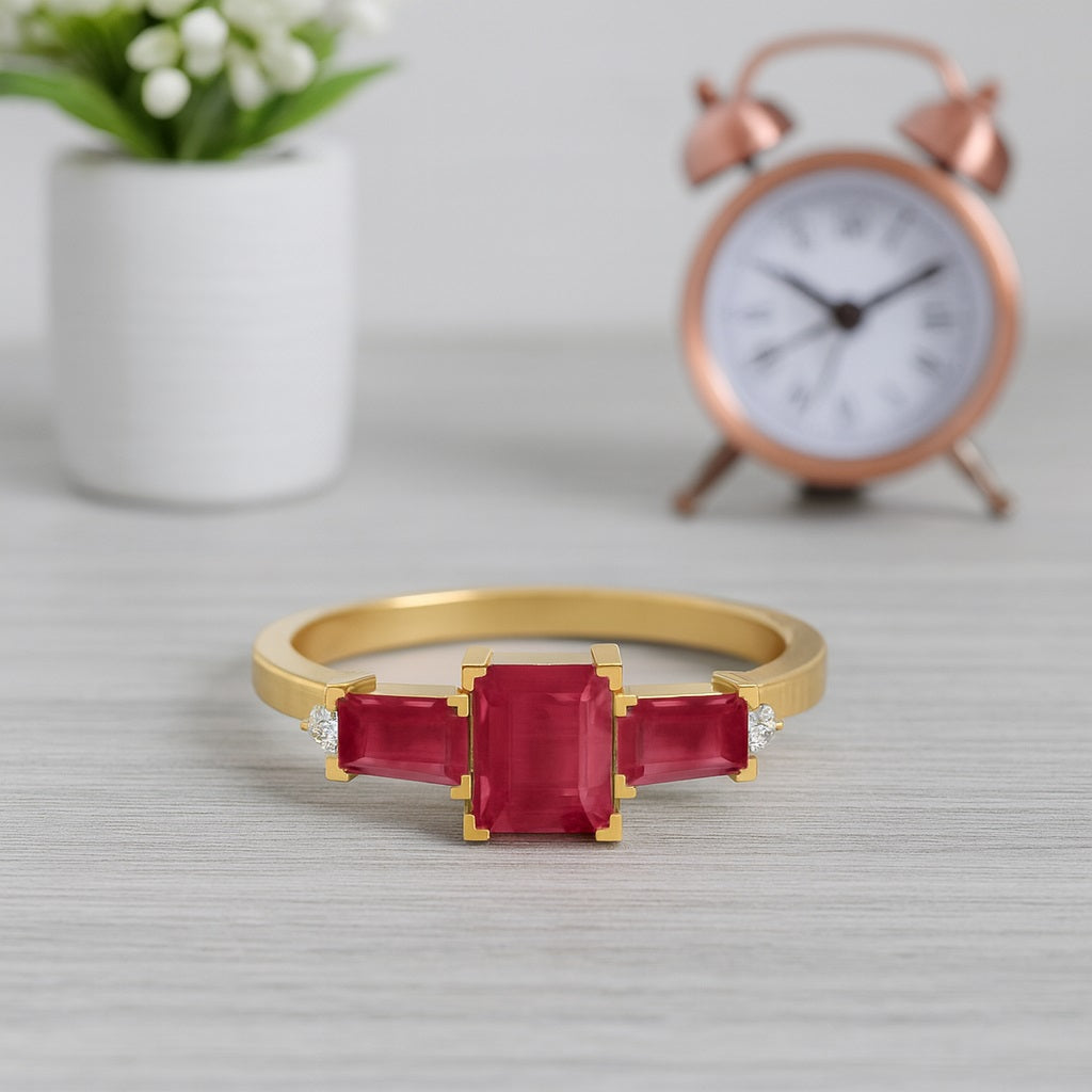 Ruby 2.10 Ct Octagon Three Stone Ring  – 14k Yellow Gold