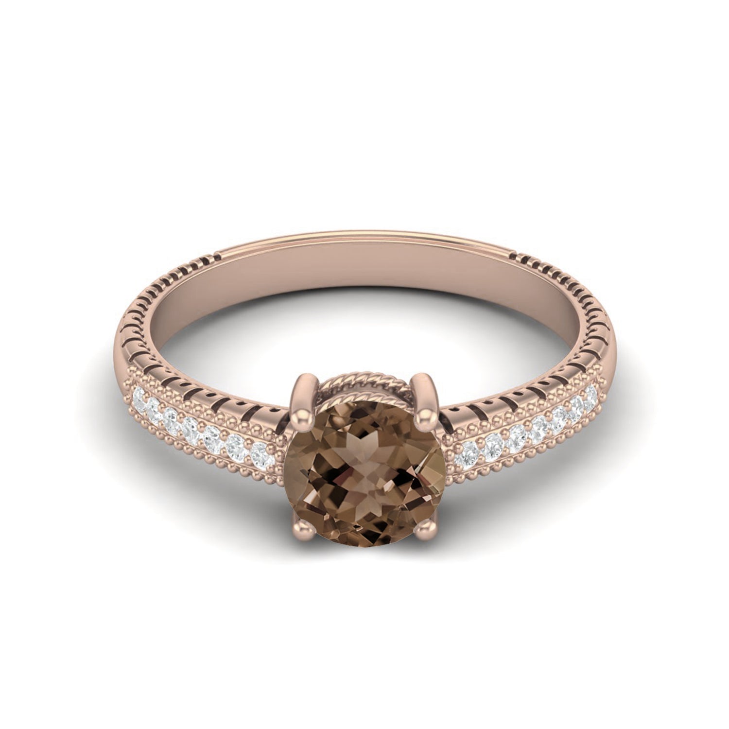 Smoky Quartz 0.75 Ct Round Vintage Milgrain Ring – 14K Yellow Gold