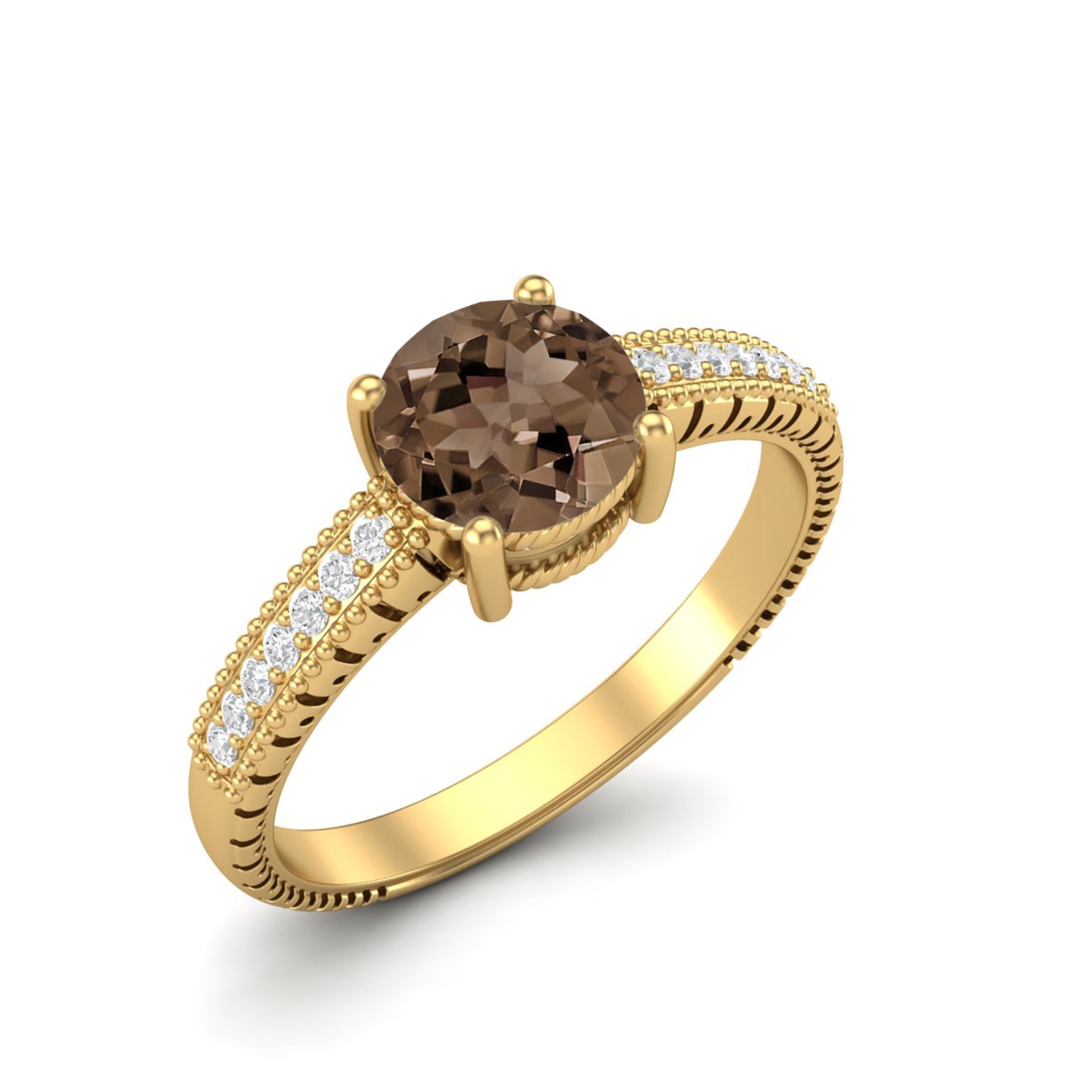 Smoky Quartz 0.75 Ct Round Vintage Milgrain Ring – 14K Yellow Gold