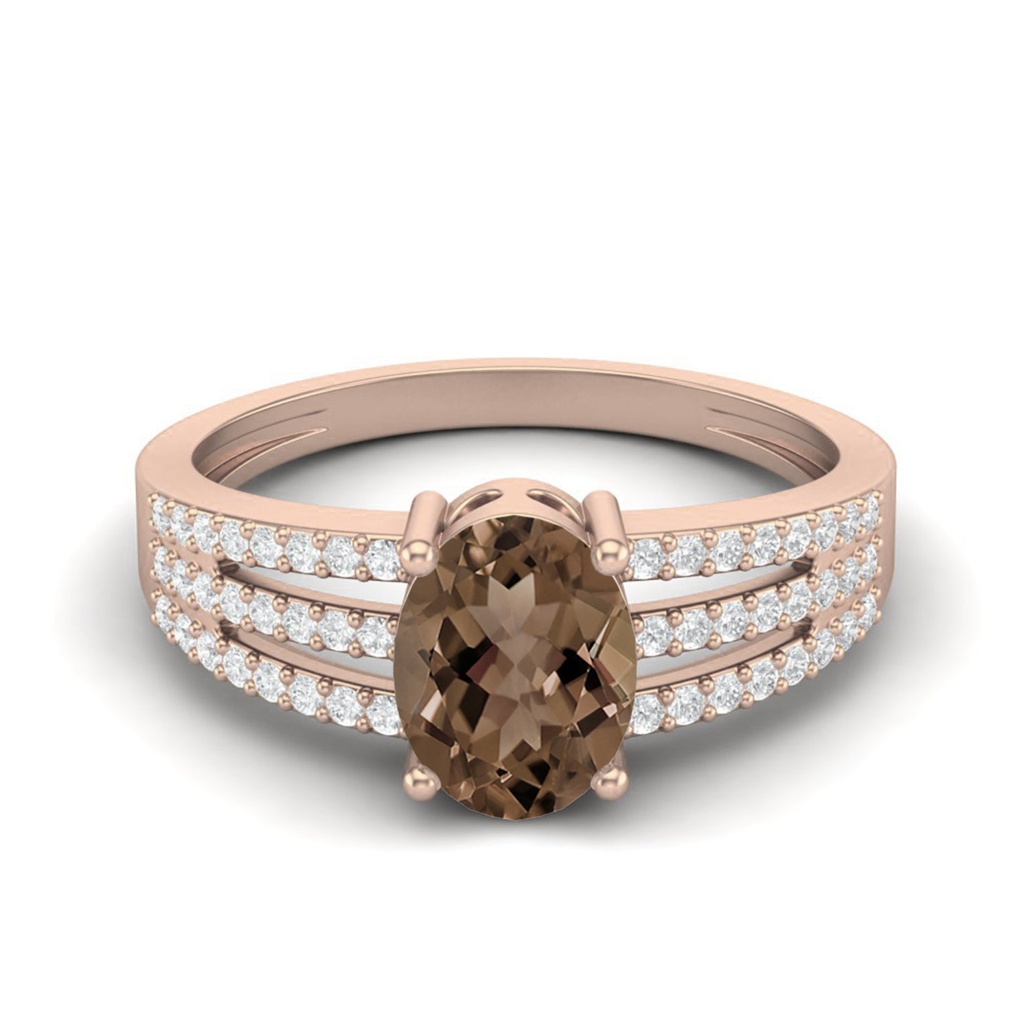 Smoky Quartz 1.50 Ct Oval Triple Row Accents Ring – 14K Yellow Gold