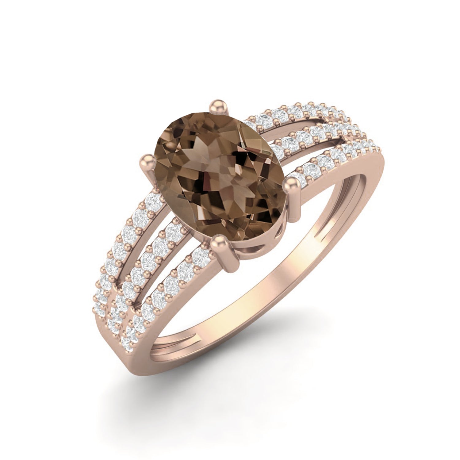 Smoky Quartz 1.50 Ct Oval Triple Row Accents Ring – 14K Yellow Gold