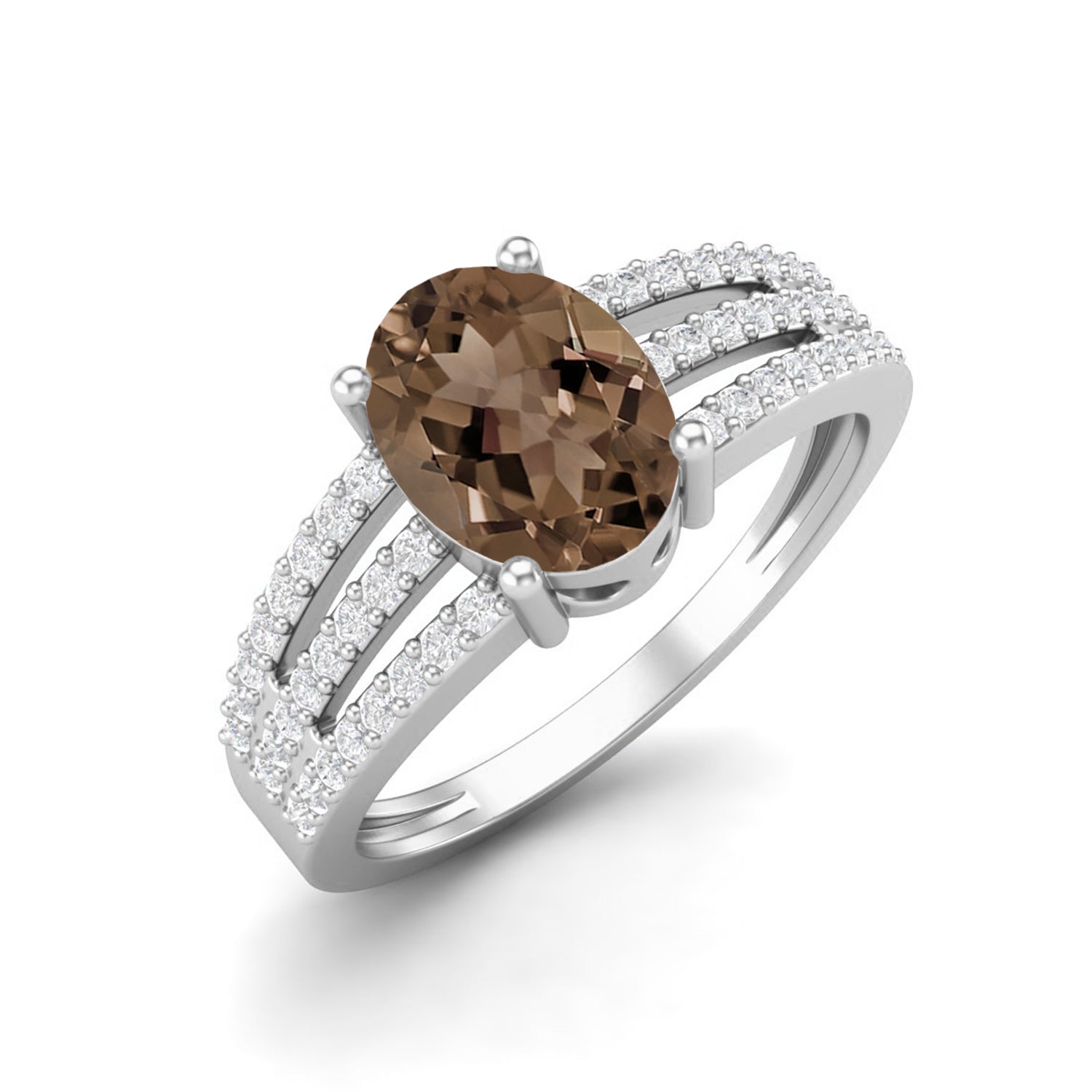 Smoky Quartz 1.50 Ct Oval Triple Row Accents Ring – 14K Yellow Gold