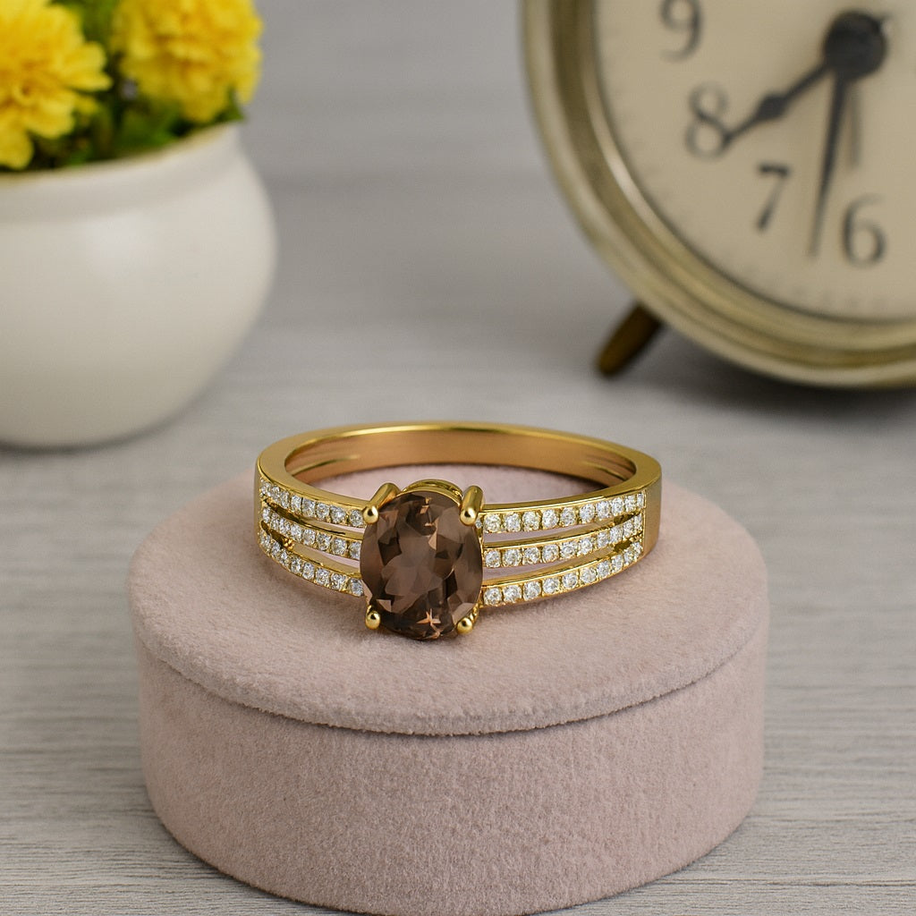 Smoky Quartz 1.50 Ct Oval Triple Row Accents Ring – 14K Yellow Gold