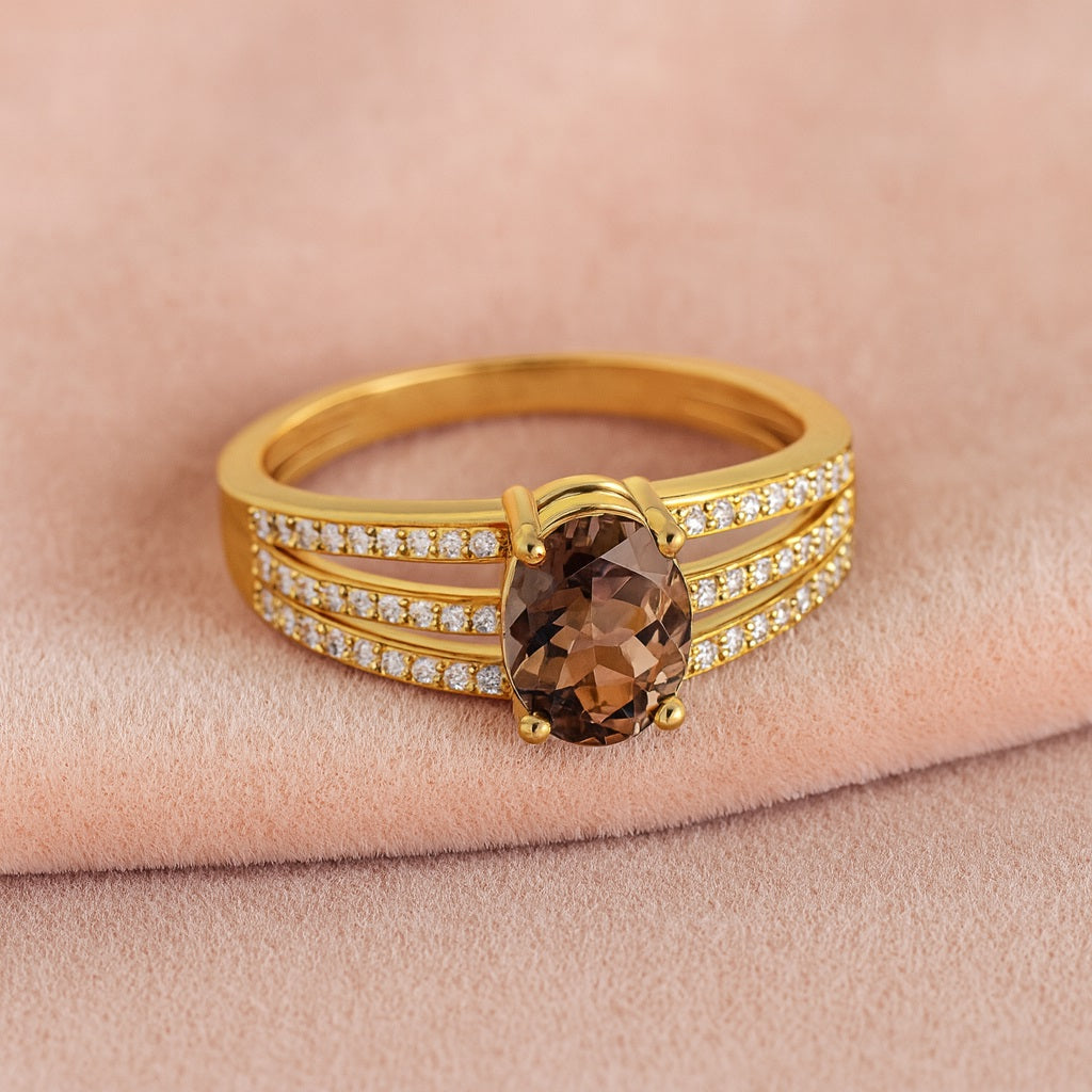 Smoky Quartz 1.50 Ct Oval Triple Row Accents Ring – 14K Yellow Gold
