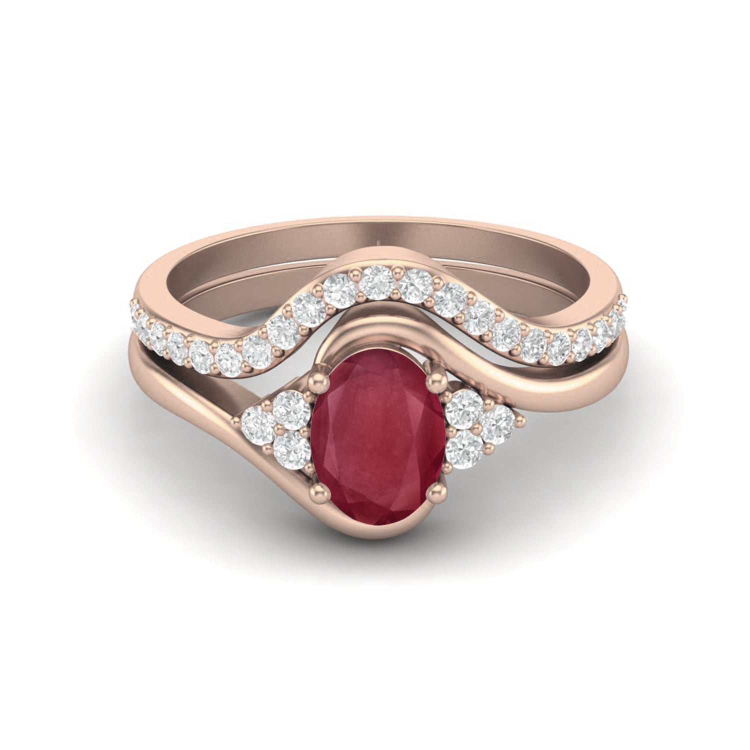 Ruby 1.00 Ct Oval Solitaire Accent Wave Band Ring – 14k Yellow Gold