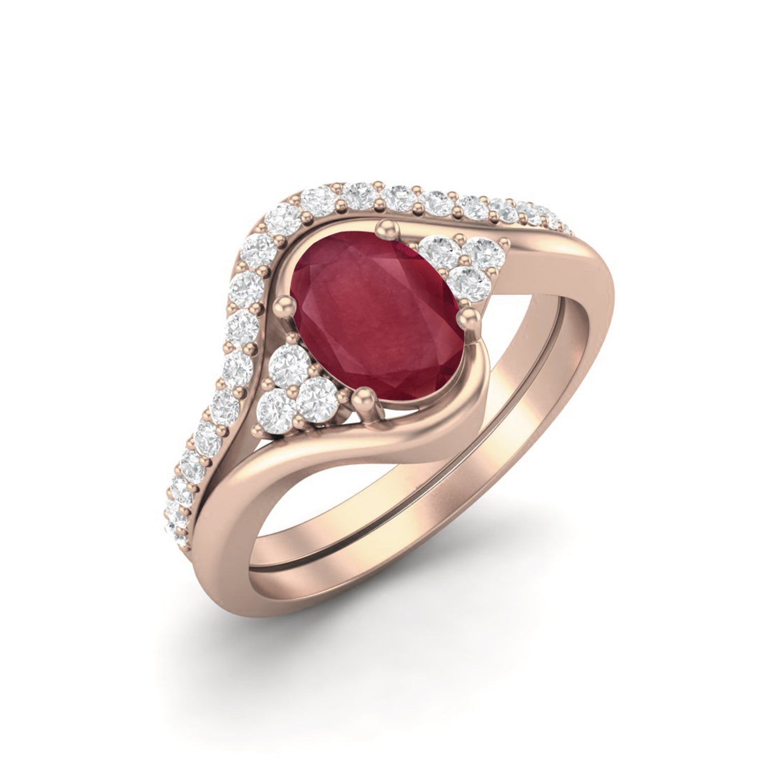 Ruby 1.00 Ct Oval Solitaire Accent Wave Band Ring – 14k Yellow Gold