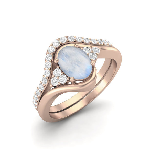 Natural Moonstone Wedding Ring 925 Sterling Silver Classic Dual Band Women Bridal Ring