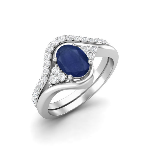 Natural Blue Sapphire Gemstone 925 Sterling Silver Dual Band Women Bridal Ring