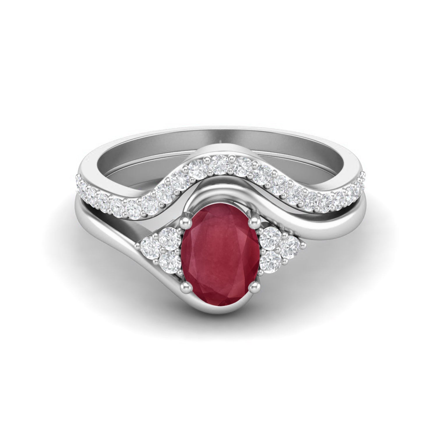 Ruby 1.00 Ct Oval Solitaire Accent Wave Band Ring – 14k Yellow Gold