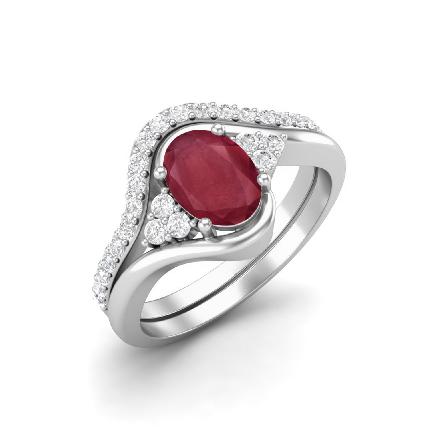 Ruby 1.00 Ct Oval Solitaire Accent Wave Band Ring – 14k Yellow Gold
