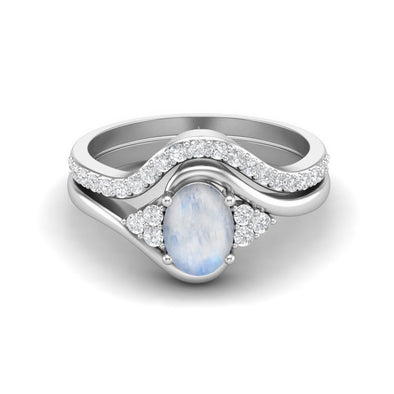 Natural Moonstone Wedding Ring 925 Sterling Silver Classic Dual Band Women Bridal Ring