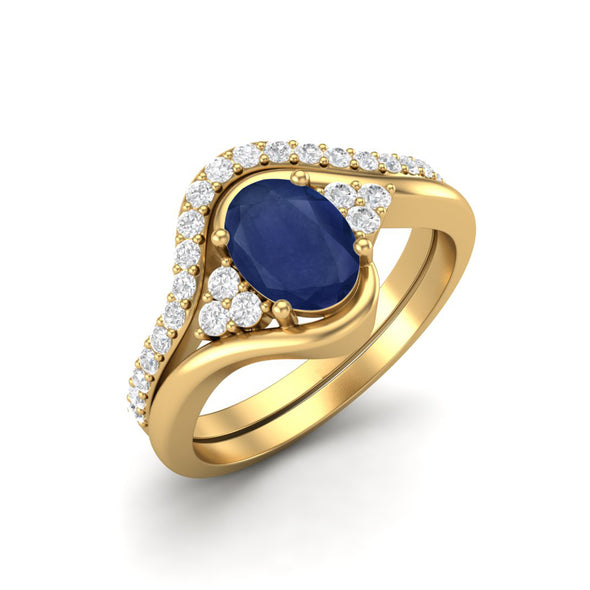 Natural Blue Sapphire Gemstone 925 Sterling Silver Dual Band Women Bridal Ring