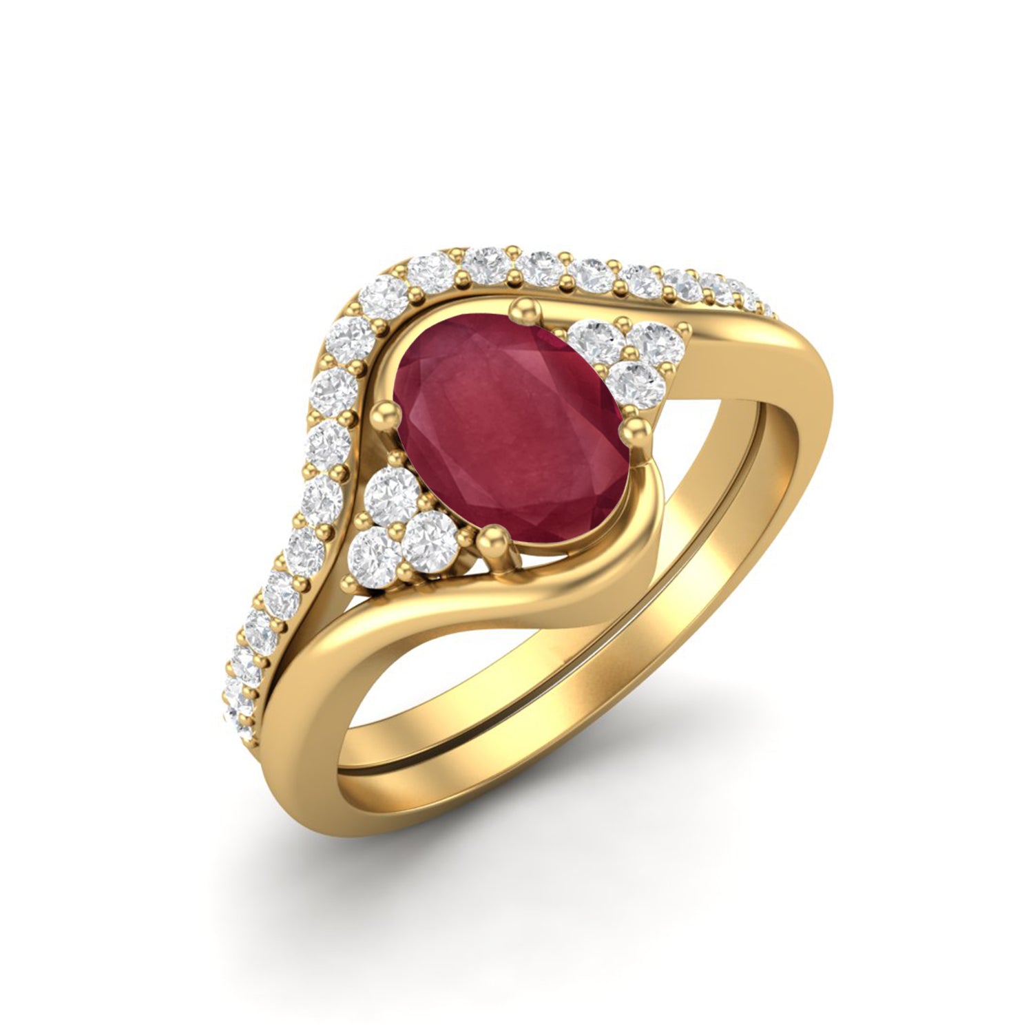 Ruby 1.00 Ct Oval Solitaire Accent Wave Band Ring – 14k Yellow Gold