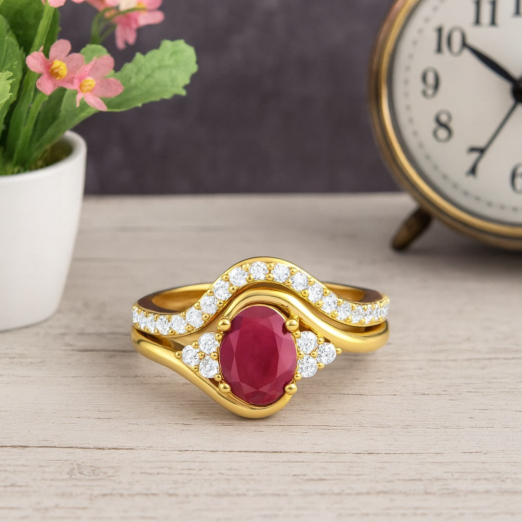 Ruby 1.00 Ct Oval Solitaire Accent Wave Band Ring – 14k Yellow Gold