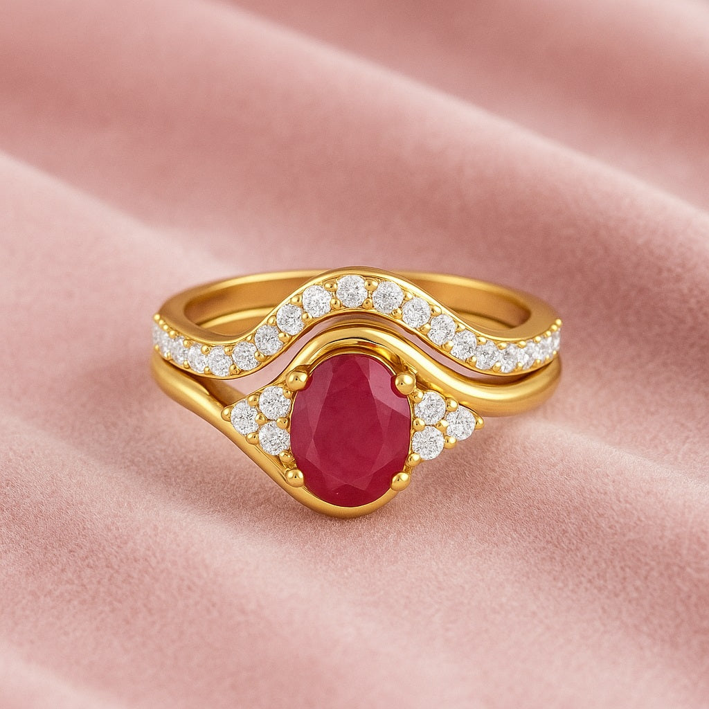 Ruby 1.00 Ct Oval Solitaire Accent Wave Band Ring – 14k Yellow Gold