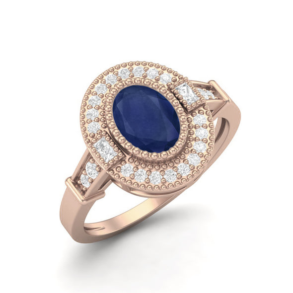 Natural Blue Sapphire Wedding Ring 925 Sterling Silver Solitaire Halo Side Stone Women Bridal Ring