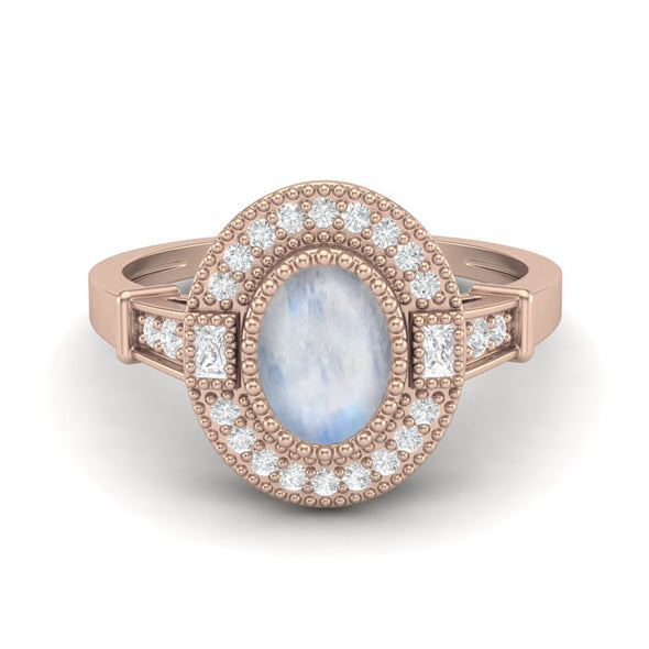Natural Oval Shaped Moonstone Gemstone Ring 925 Sterling Silver Solitaire Halo Bridal Ring
