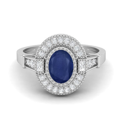 Natural Blue Sapphire Wedding Ring 925 Sterling Silver Solitaire Halo Side Stone Women Bridal Ring