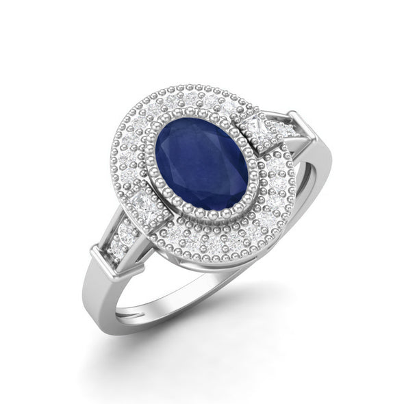 Natural Blue Sapphire Wedding Ring 925 Sterling Silver Solitaire Halo Side Stone Women Bridal Ring