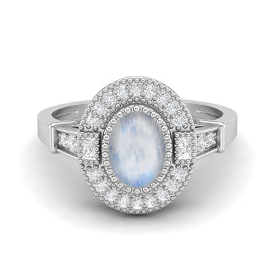 Natural Oval Shaped Moonstone Gemstone Ring 925 Sterling Silver Solitaire Halo Bridal Ring