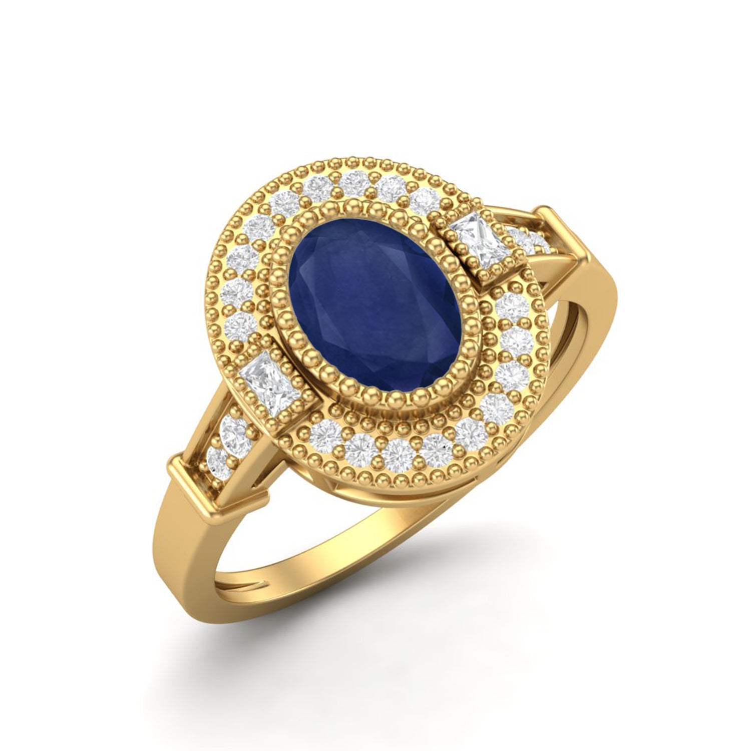 Blue Sapphire 1.00 Ct Oval Double Halo Ring – 14k Yellow Gold