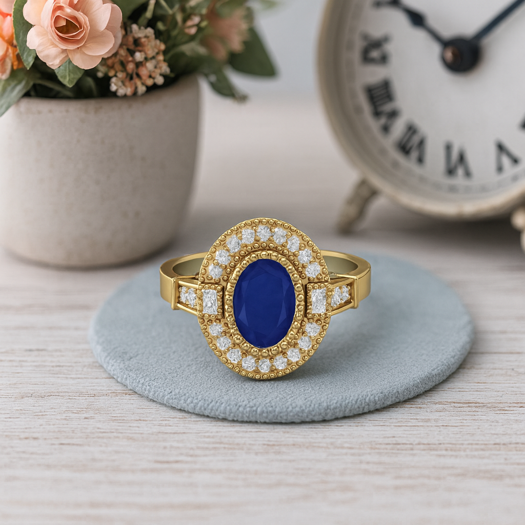 Blue Sapphire 1.00 Ct Oval Double Halo Ring – 14k Yellow Gold