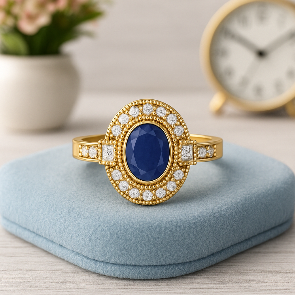Blue Sapphire 1.00 Ct Oval Double Halo Ring – 14k Yellow Gold