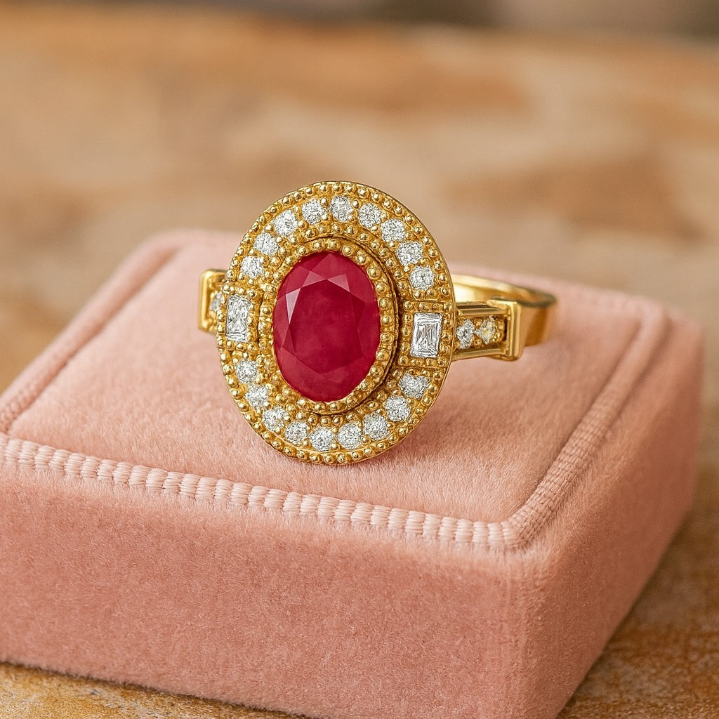 Ruby 1.00 Ct Oval Vintage Halo Ring –  14k Yellow Gold