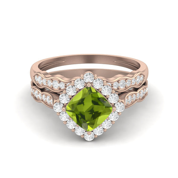 6MM Cushion Shape Peridot Gemstone Halo Engagement Ring 925 Sterling Silver Dual Shank Accents Wedding Ring