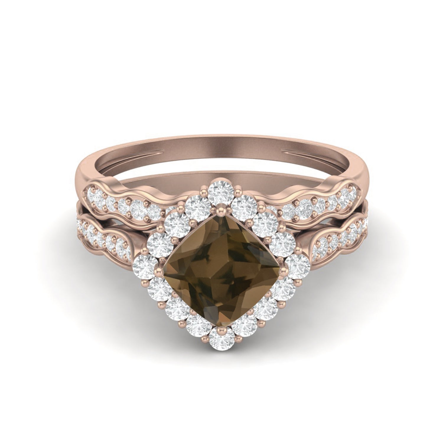Smoky Quartz 1.30 Ct Cushion Halo dual Band Ring Set – 14K Yellow Gold