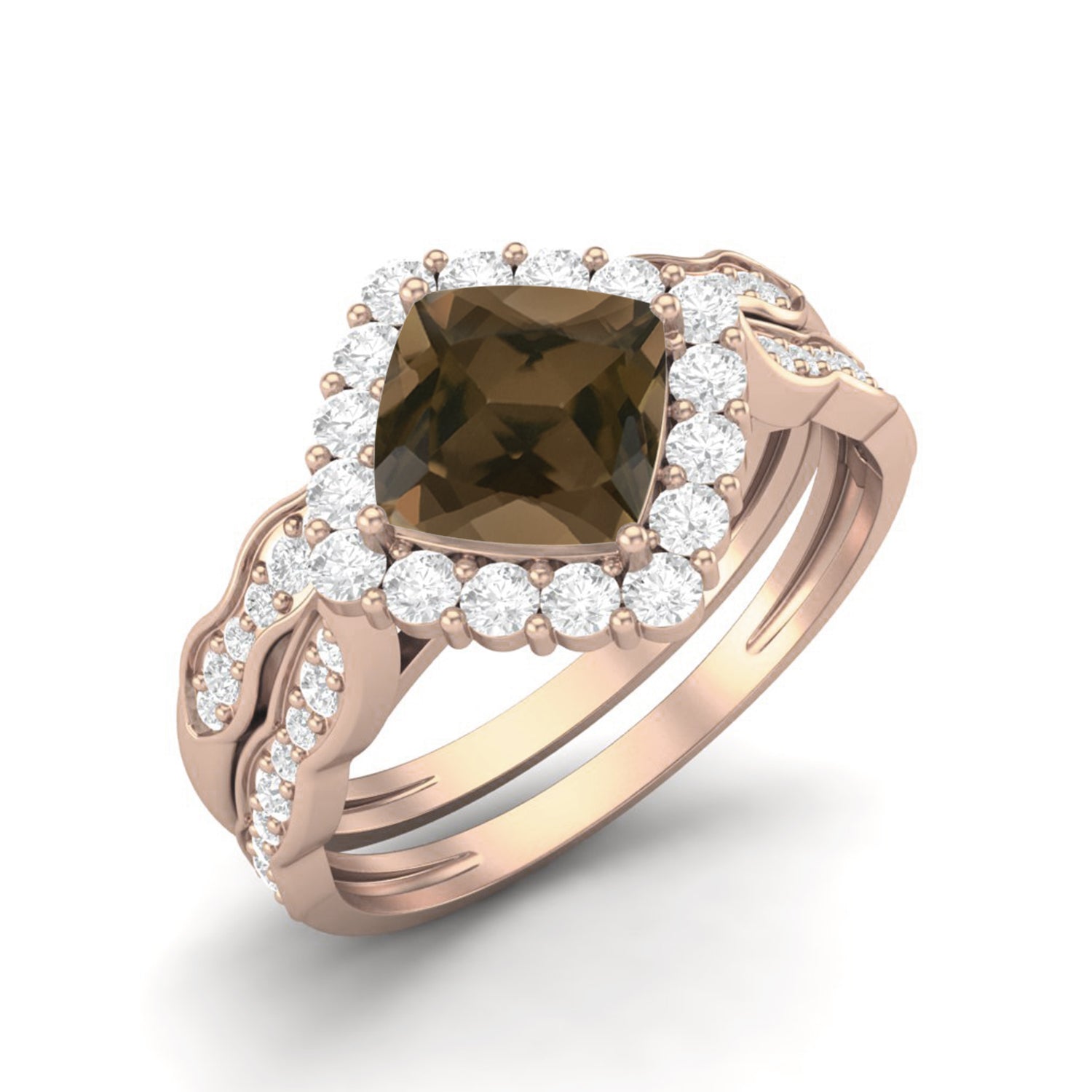 Smoky Quartz 1.30 Ct Cushion Halo dual Band Ring Set – 14K Yellow Gold