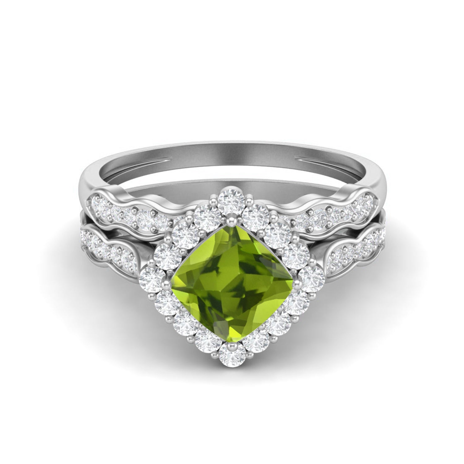 Peridot Halo and Matching Bridal Ring Set – Sterling Silver