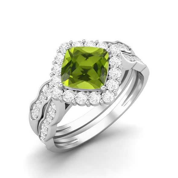 6MM Cushion Shape Peridot Gemstone Halo Engagement Ring 925 Sterling Silver Dual Shank Accents Wedding Ring