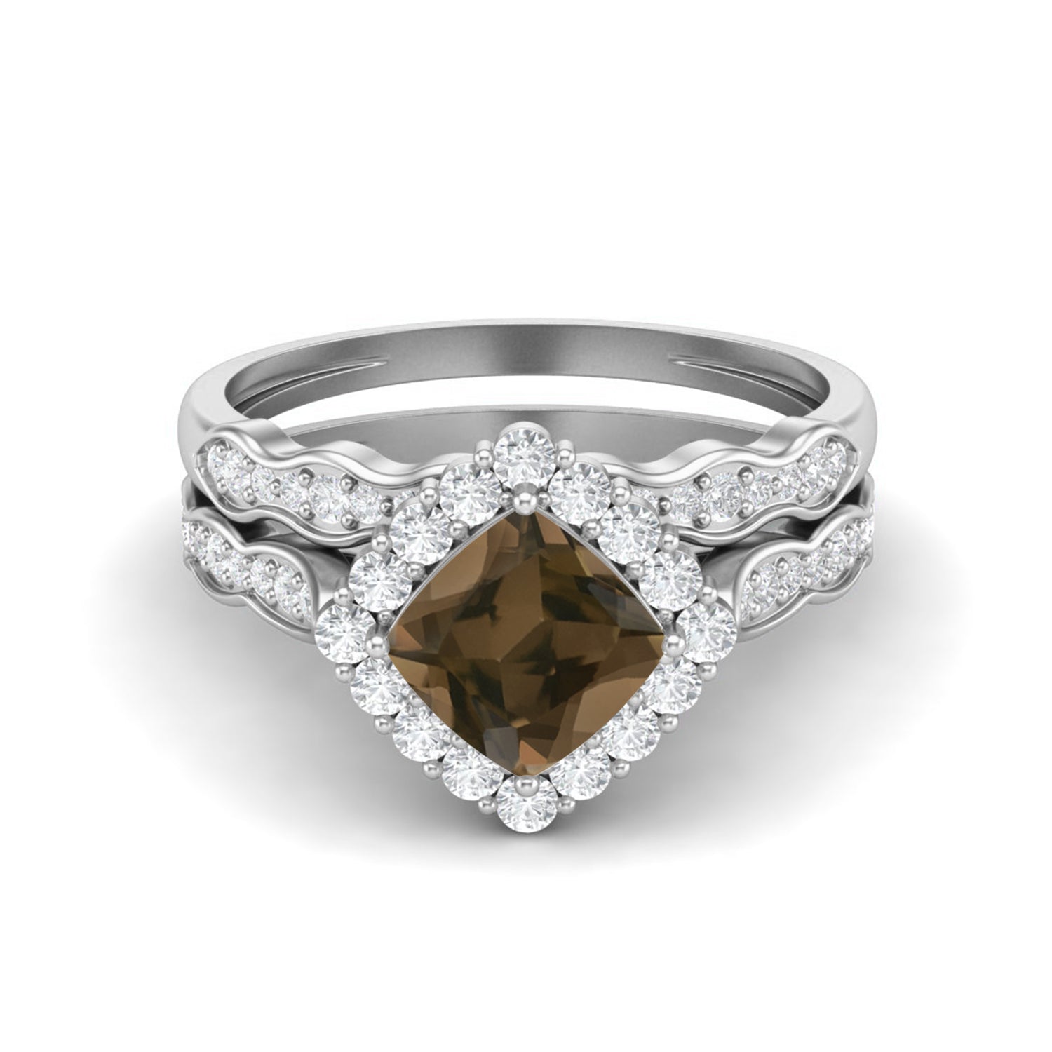 Smoky Quartz 1.30 Ct Cushion Halo dual Band Ring Set – 14K Yellow Gold