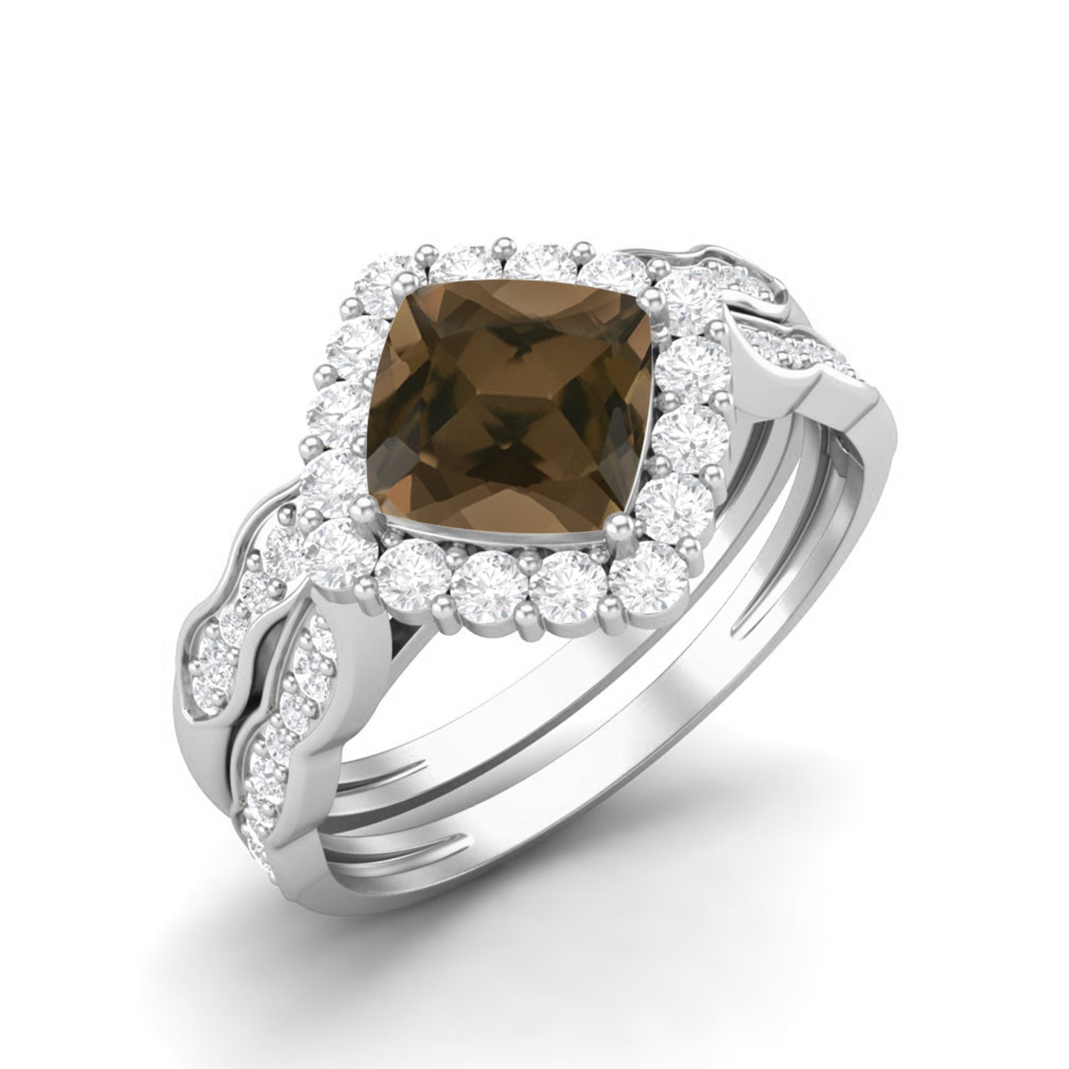 Smoky Quartz 1.30 Ct Cushion Halo dual Band Ring Set – 14K Yellow Gold